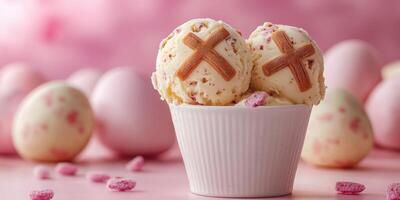 Ice cream scoops topped with candy in a white cup against a pink backdrop during springtime celebrations photo
