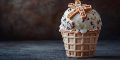 Delightful scoop of chocolate chip ice cream topped with a waffle crisp on a textured gray background photo
