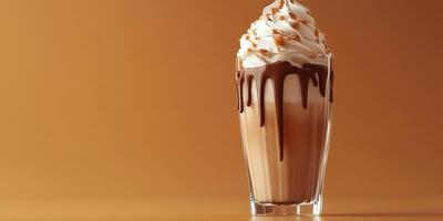 Indulgent dessert drink served in a glass with chocolate syrup and whipped cream against a warm background photo