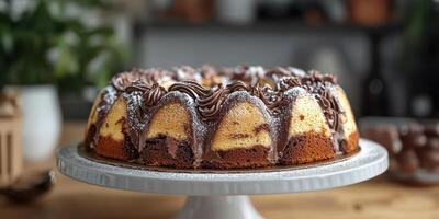 Delicious bundt cake decorated with chocolate frosting on a white cake stand in a cozy kitchen setting photo