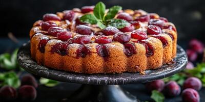 Delicious fruit-topped cake on a decorative black cake stand set against a dark background photo
