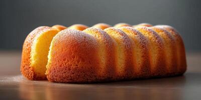Delicious freshly baked bundt cake on wooden surface with powdered sugar topping in natural light photo