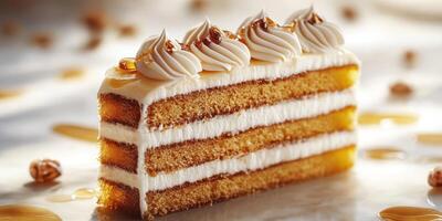 Delicious layered cake with cream and caramel drizzle presented on a bright surface photo