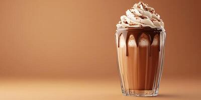 Creamy chocolate dessert topped with whipped cream and cocoa over a warm background photo