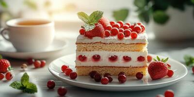 Delicious layered cake topped with fresh strawberries and red currants beside a cup of tea in a cozy setting photo