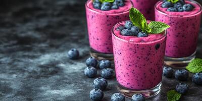 Delicious berry smoothie topped with fresh blueberries and mint on a dark background photo