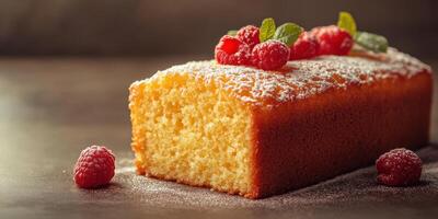 Delicious raspberry cake with powdered sugar and mint leaves on a wooden surface in a cozy kitchen setting photo