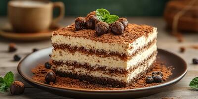 Delicious layered dessert with cocoa and coffee on a rustic table setting in a cozy cafe photo