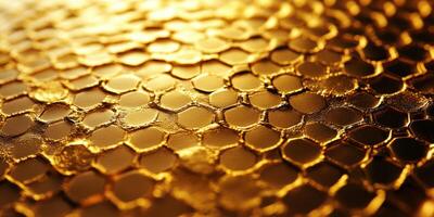 Close-up view of honeycomb showcasing intricate hexagonal patterns and golden hues under soft light photo