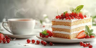 Delicious cake slice with fresh berries and steaming cup of tea on table in cozy setting photo