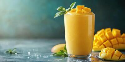 Refreshing tropical mango smoothie garnished with fresh basil in a clear glass photo