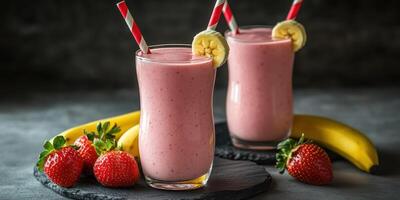 Fresh banana strawberry smoothies served in tall glasses with colorful straws and garnished with fruit slices photo