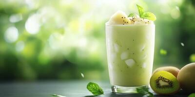 Refreshing kiwi and mint smoothie served in a glass with fresh ingredients surrounded by a lush green garden photo
