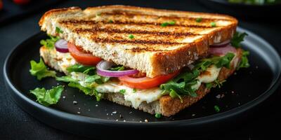 Hearty grilled sandwich with fresh vegetables served on a sleek black plate in a modern setting photo