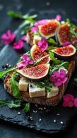 Fresh toast topped with figs, cheese, and arugula garnished with flowers on a dark slate plate photo