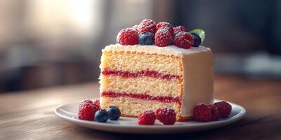 Delicious layered cake with fresh raspberries and blueberries served on a white plate in a cozy kitchen setting photo