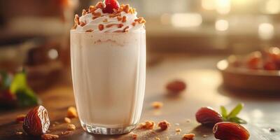 Delicious creamy beverage topped with whipped cream and crunchy bits sits on a wooden table photo