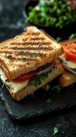 Delicious grilled sandwich with fresh ingredients served on a rustic wooden board photo