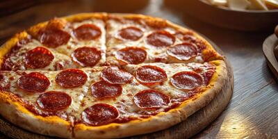 Perfectly baked pepperoni pizza served on a wooden table during a cozy evening gathering photo