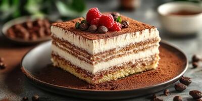 Delicious layered dessert topped with fresh raspberries and cocoa powder on a rustic table setting photo