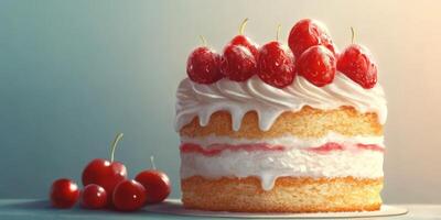 Delicious layer cake with cherries and whipped cream on a soft blue background photo