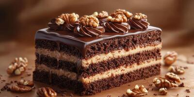 Decadent chocolate layer cake topped with nuts served on a wooden table photo