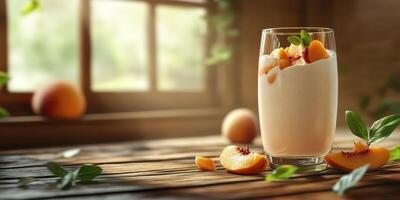 Creamy dessert with peach slices and mint on a wooden table near a sunny window photo