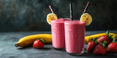 Fresh strawberry banana smoothie served in clear glasses with black straws and fruit garnishes on a dark countertop photo