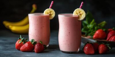 Refreshing strawberry banana smoothies served in clear glasses with fresh fruit on the side during a bright afternoon photo
