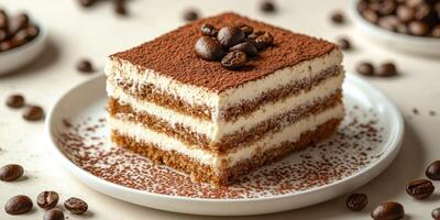 Decadent layered dessert with coffee beans in a cozy setting photo