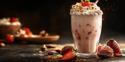 Creamy strawberry shake garnished with whipped cream and nuts on a dark wooden table photo