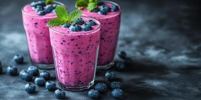 Refreshing blueberry smoothie served in clear glasses with mint garnish against a dark backdrop photo
