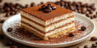 Delightful layers of tiramisu adorned with coffee beans on a white plate ready for dessert enjoyment photo
