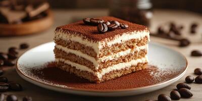 Delicious coffee-flavored dessert served on a white plate in a cozy indoor setting with scattered coffee beans photo