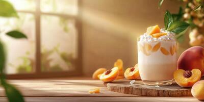 Creamy fruit dessert with peaches and cream served in a sunny kitchen setting during the afternoon photo