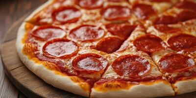 Freshly baked pepperoni pizza on a wooden board ready to be served and enjoyed by pizza lovers during a gathering photo