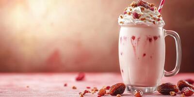 Creamy strawberry milkshake topped with whipped cream and crunchy garnishes served in a glass photo