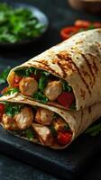 Grilled chicken wrap filled with fresh vegetables in a cozy setting for a delicious meal photo