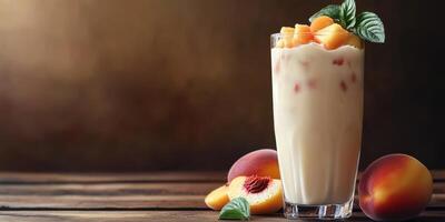 Creamy peach smoothie with fresh fruit and mint leaves on a wooden table during a warm afternoon photo
