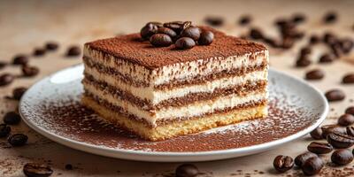Delicious homemade tiramisu dessert topped with coffee beans served on a rustic plate photo