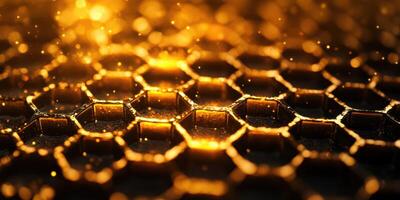 Shimmering honeycomb structure illuminated by warm golden light in an abstract setting photo