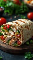Fresh and flavorful chicken wrap made with vegetables on a wooden platter in a rustic kitchen setting photo
