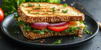 Freshly made toasted sandwich with vegetables served on a black plate during a sunny day at a cozy kitchen photo