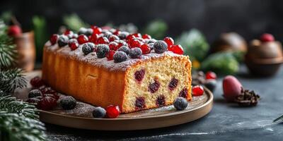 Festive dessert featuring a loaf cake topped with berries and sprinkled with powdered sugar on a dark background photo