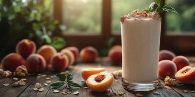 Peach smoothie with granola and fresh peaches on rustic wooden table during golden hour photo