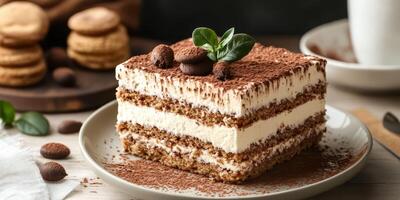Delicious layered dessert with cream, cocoa, and coffee accents on a plate in a cozy setting photo
