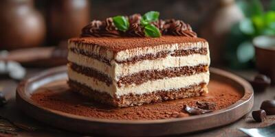 Decadent layered dessert with cream and cocoa served on a wooden plate in a rustic kitchen setting photo