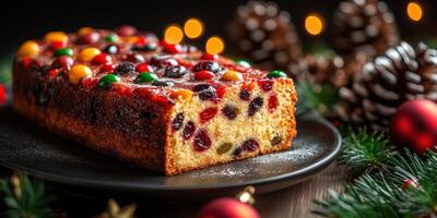 Colorful festive cake displayed on a black plate surrounded by Christmas decorations photo