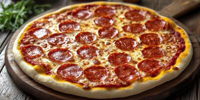 Freshly baked pepperoni pizza served on a wooden platter in a cozy restaurant setting photo