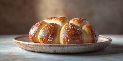 Freshly baked bread roll displayed on a rustic plate with a textured background in a warm kitchen setting photo